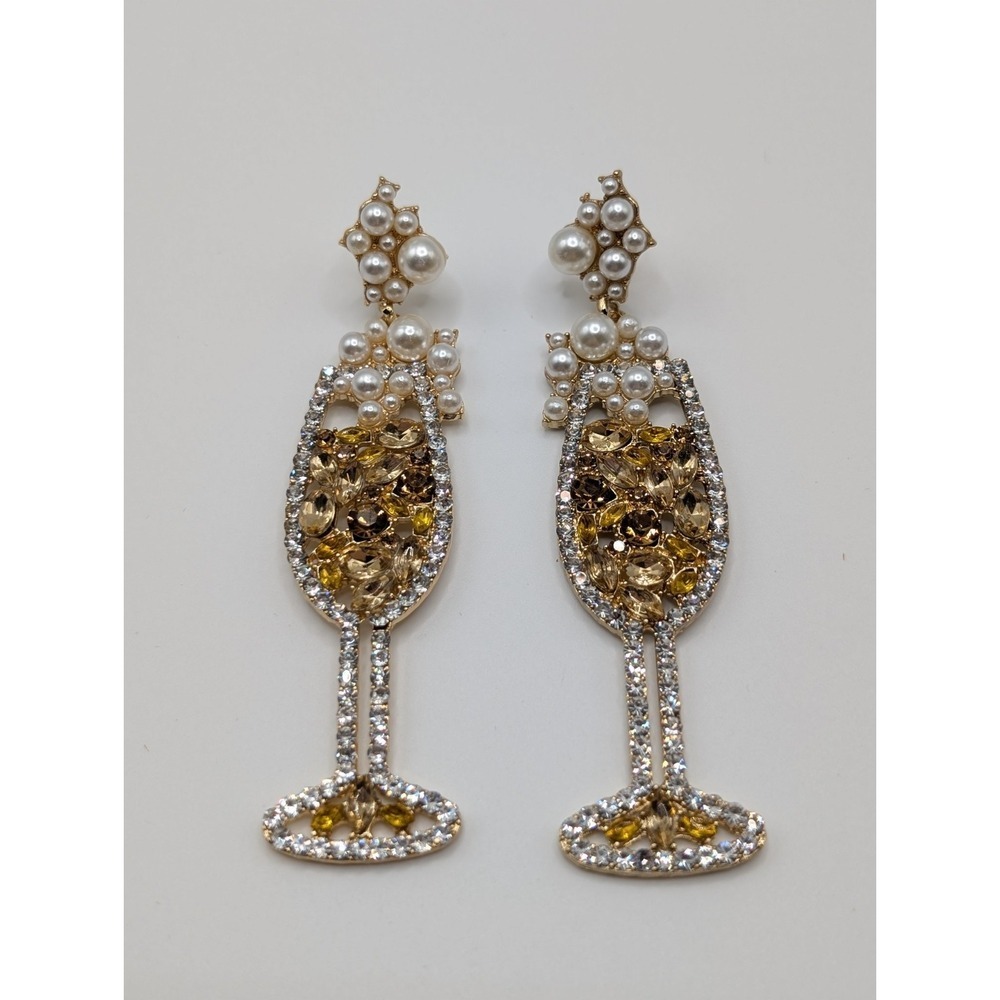 White & Yellow Rhinestone Gold Tone Faux Pearl Champagne Glass Dangle Earrings